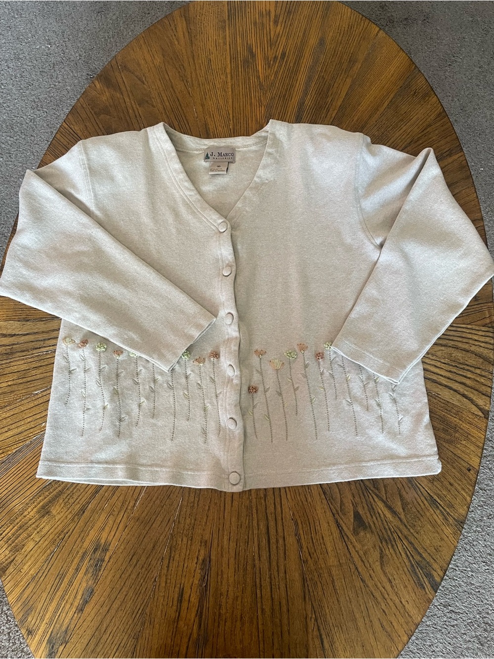 Vintage J. Marco 100% Cotton Light Beige Floral Embroidered Cardigan